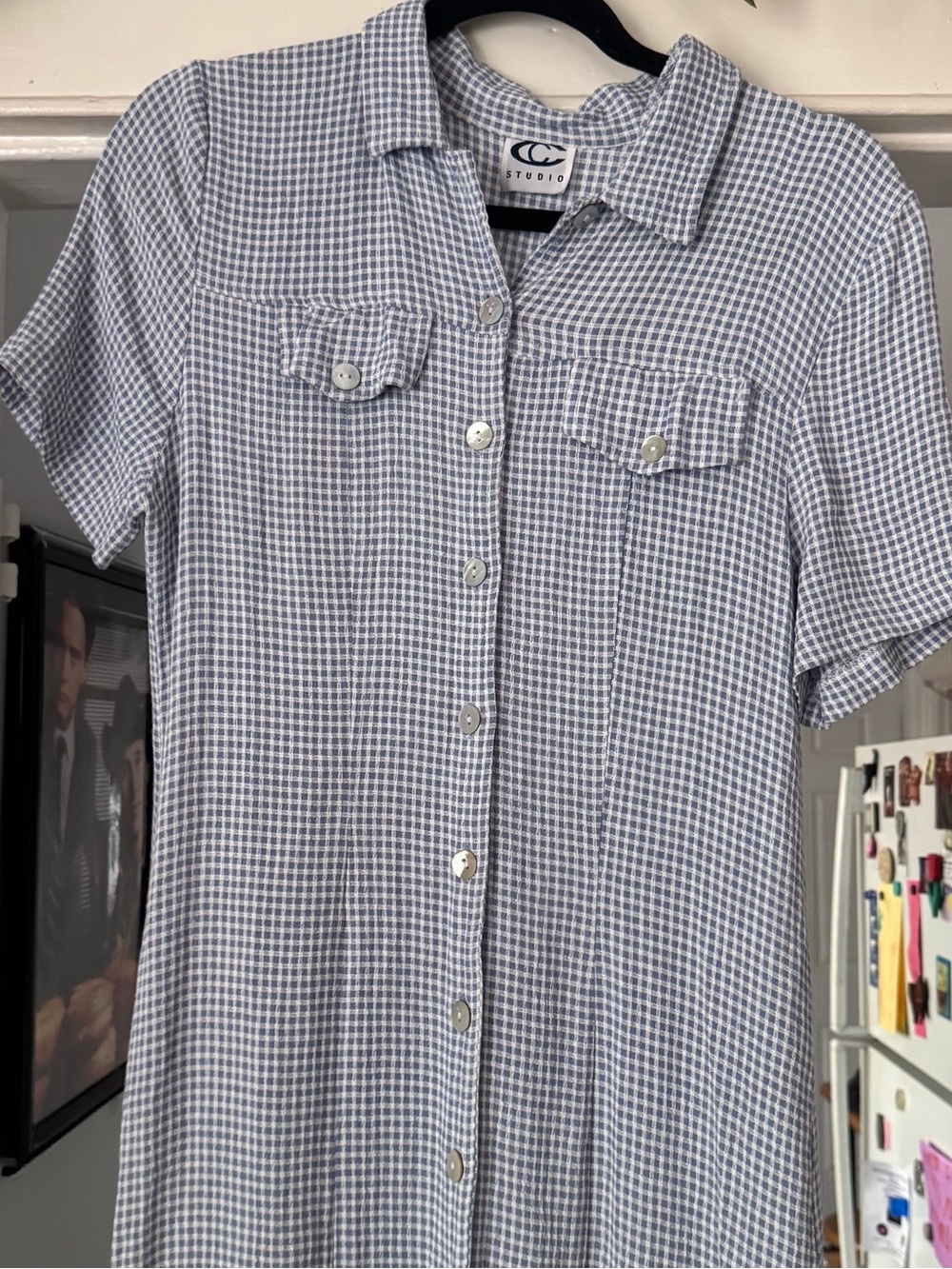 Vintage Studio C Women's Dress gingham blue white check plaid maxi pearl buttons